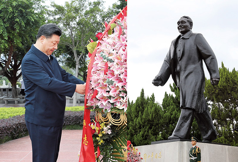 2020年10月14日，習(xí)近平總書記向深圳蓮花山公園鄧小平同志銅像敬獻(xiàn)花籃。