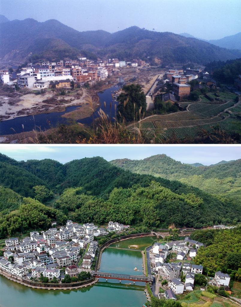 圖為浙江省杭州市淳安縣楓樹嶺鎮(zhèn)下姜村拼版圖，其中上圖為資料照片、下圖由新華社記者張鋮攝。